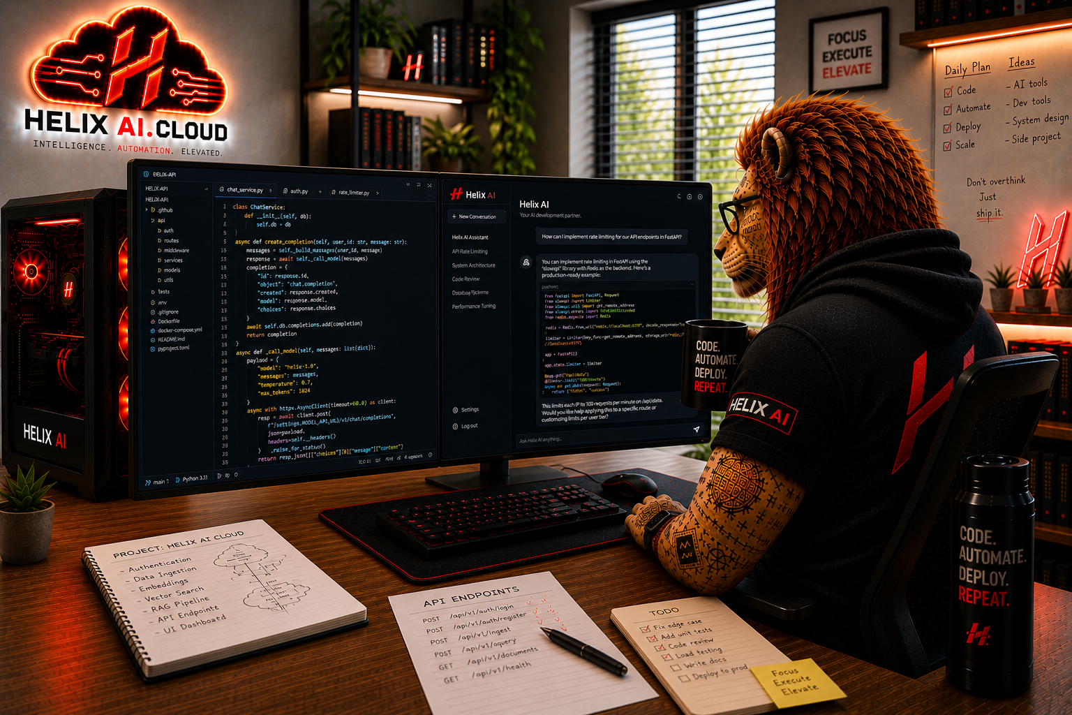 HelixAI.cloud development workspace with lion mascot
